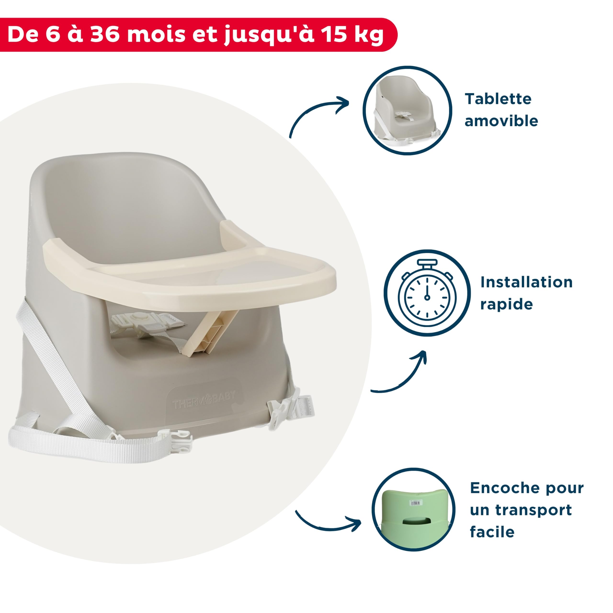 THERMOBABY - Rehausseur De Chaise YOUPLA - De 6 Mois À 3 ans - Tablette Amovible - Léger - Compact- Gris Velours - Fabriqué en France