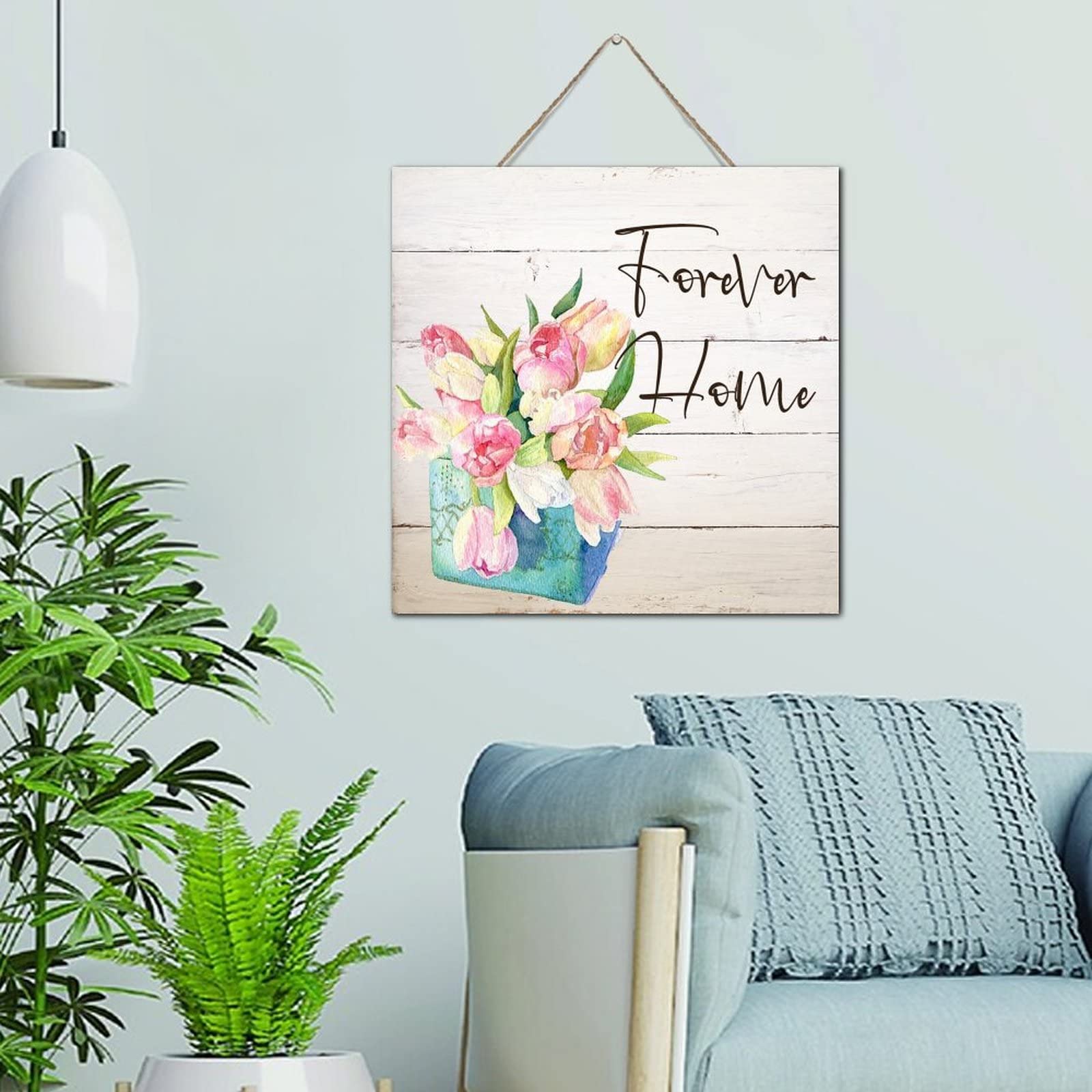 Plaque en bois pour porche et table style vintage bocal aquarelle Forever Home