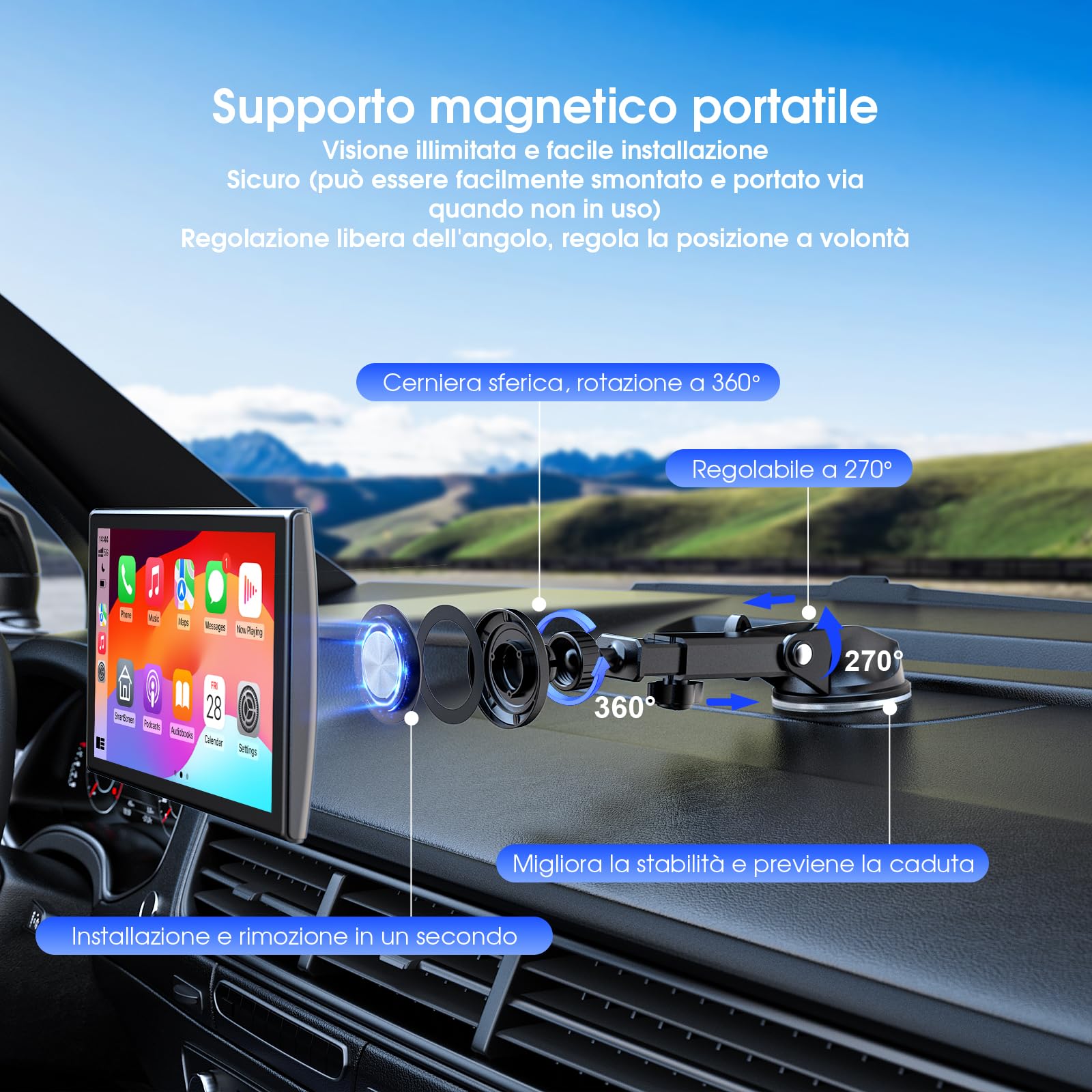 Avylet Carplay Auto 7'' Wireless, Schermo per Auto Navigazione GPS, Car play Supporto Magnetico, Schermo Verticale/Orizzontale, 60FPS Display, Controllo Vocale,Aggiornamenti OTA,Bluetooth,AUX,FM,WiFi | Supporto Magnetico, Schermo Verticale/Orizzontale, 60