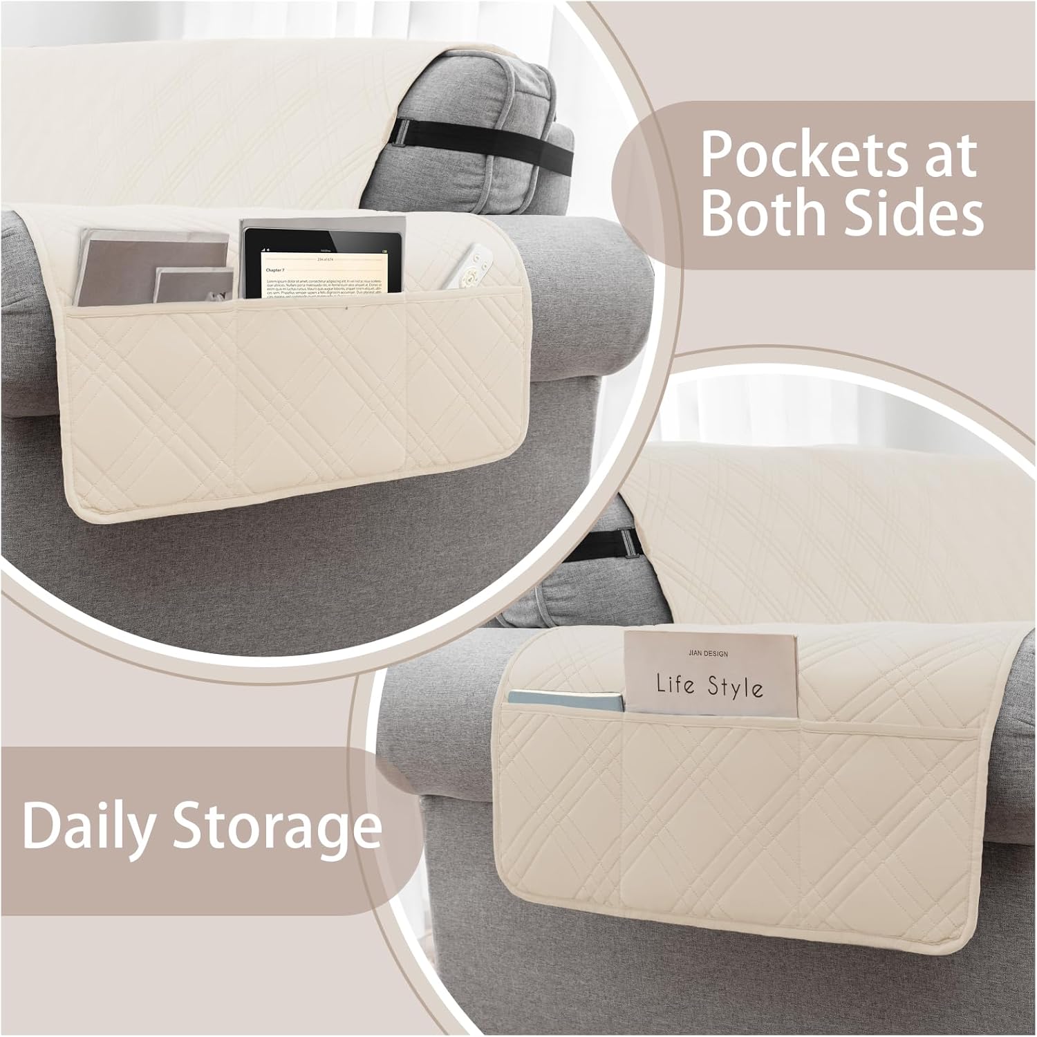 100% Waterproof Couch Cover for Dogs, Anti-Slip Washable Sofa Cover with Elastic Straps & Side Pockets, Durable Furniture Protector for Kids & Pets (Loveseat 46", Beige)
