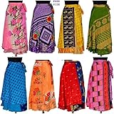Fashionshopmart Silk Sari Wrap Around Skirts for Women – Reversible 2-Layer Long Boho Skirts/Dresses – Assorted Colors – Pack of 5