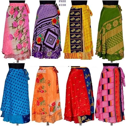 Fashionshopmart Silk Sari Wrap Around Skirts for Women – Reversible 2-Layer Long Boho Skirts/Dresses – Assorted Colors – Pack of 5