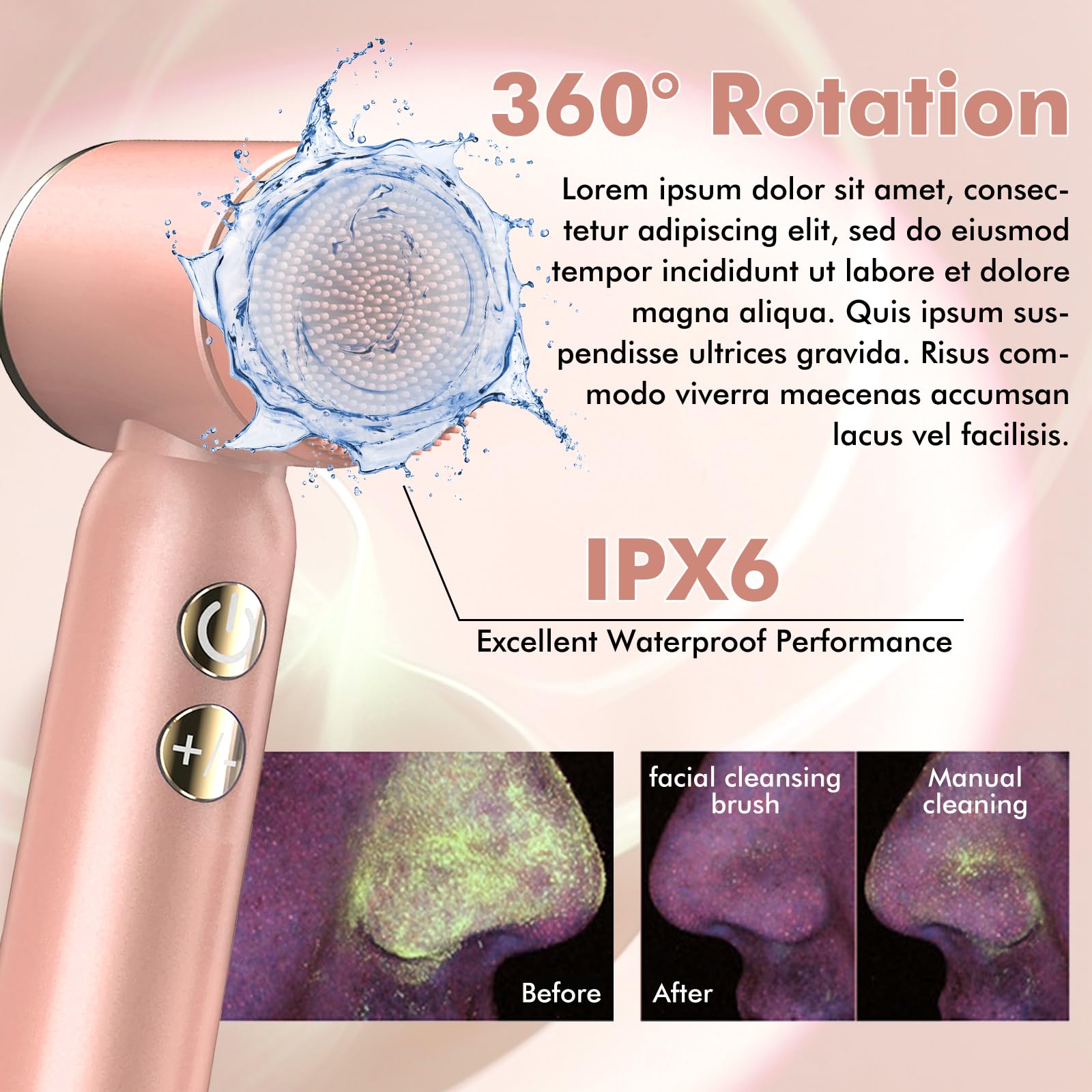 Elektrische Gesichtsreinigungsbürste, 6 in 1 Gesichtsbürste, Tiefenreinigung & Peeling, Wasserdichte Gesichtsbürste elektrisch mit 3-Stufige Rotation, Wiederaufladbar, IPX6 für alle Hauttypen