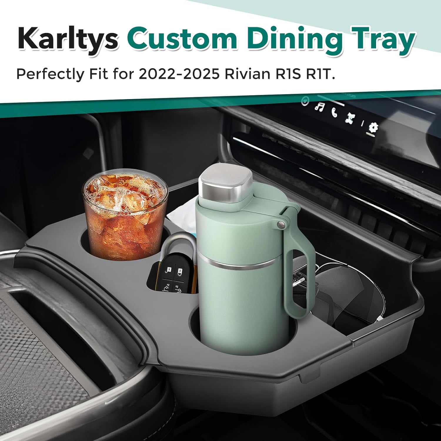 Karltys 2 in 1 Center Console Organizer Dining Tray with Cup Holder for Rivian R1S R1T Accessories 2022-2025 2026, 2 Layer Storage Box with Detachable Drink Holder & Anti-Slip Silicone Mat