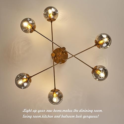 Miniatura 7 de Lámpara de araña de 6 luces dorada con cubierta esférica de vidrio Sputnik, lámpara de techo de 34" de gran tamaño para comedor, lámparas de araña