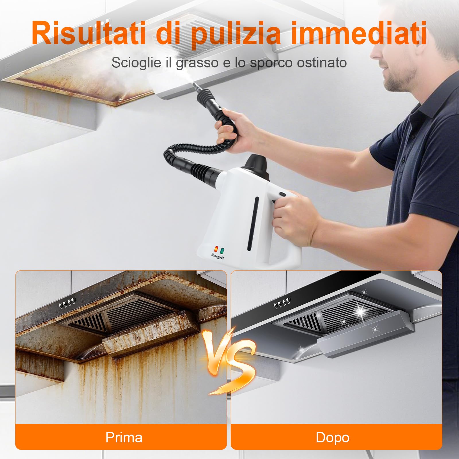 Ibergrif Pulitore a Vapore Portatile, Pistola a Vapore 1050W con 12 Accessori, 3 Bar Alta Pressione, Soluzione Naturale Senza Additivi, per Divani, Cucina, Fughe e Vetri, 350ml, Bianco