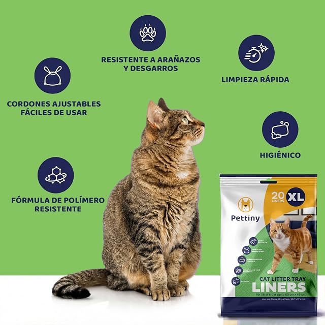 Foto 6 de 8 de Pettiny 20 Bolsas Higiénicas XL para Bandejas de Gato Forros Resistentes con Asas para Areneros Extra Grandes