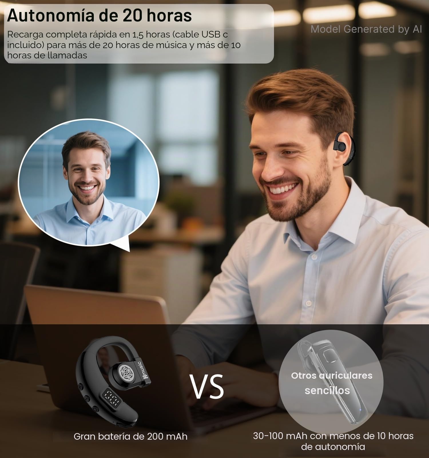Hmusic Auriculares Bluetooth, V5.4 Auriculares inalámbricos, para Uso Izquierdo y Derecho, 20 Horas de reproducción Auricular con micrófono ENC para Conducir, amioneros, Negocios, Oficina -Negro