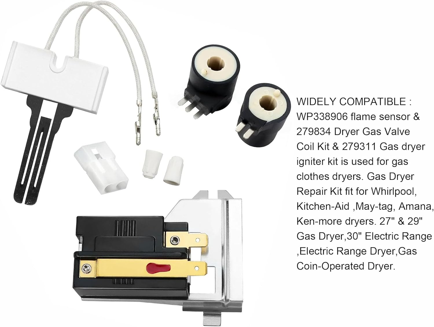 Gas Dryer Repair Kit - Includes 279311 dryer igniter, 2338906 flame sensor, and 279834 gas coil, suitable for Whirlpool Ken More dryer - Replace WP338906 AP3094251 PS334310