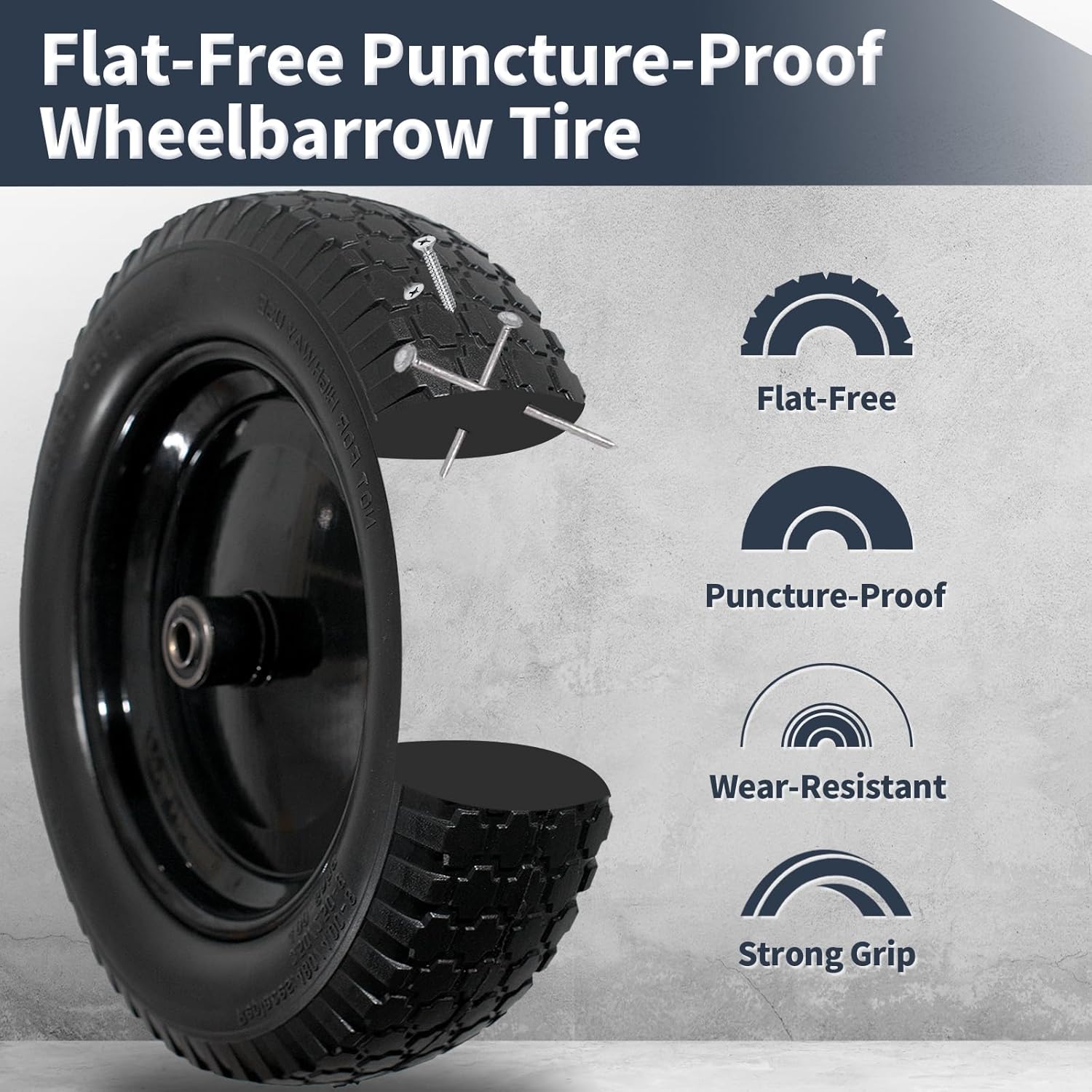 Wheelbarrow Wheel 4.80/4.00-8 Tire Flat Free Wheelbarrow Tires 14.5", Solid Wheel barrow tires Replacement, 5.8" and 3.4" Bearings 3" Center Hub, fits Garden Cart, Hand Truck, Wagon, 1 Pcs - Image 4