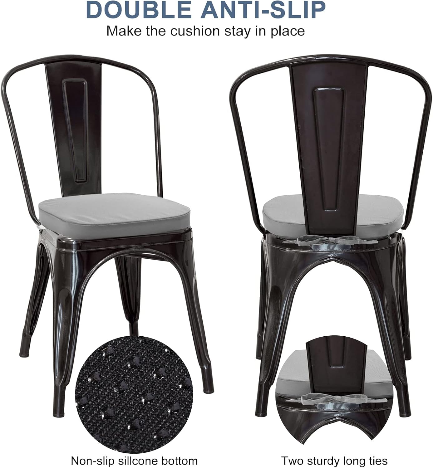GUEGLSA Outdoor Waterproof Seat Cushions 14x14 inch, Non Slip Metal Chair Pad with Ties, U Shaped Chair Cushion for Kitchen Dining Patio Chair, Set of 2, Grey