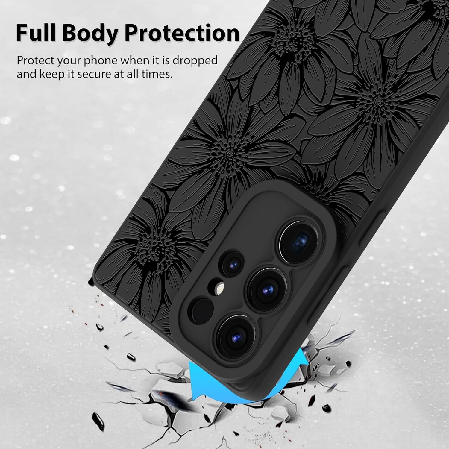 MZELQ for Samsung Galaxy S25 Ultra Case, Silicone Black Floral Flowers Sunflowers Cute Pattern, Camera Protection Soft Slim Phone Case for Girls Women -Black - Image 2