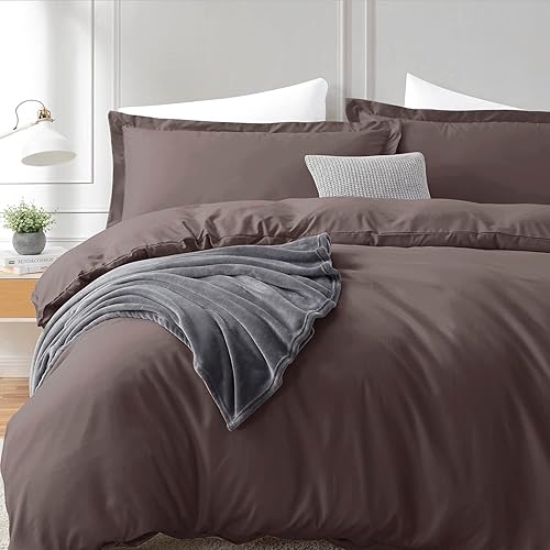 Miniatura 9 de Hearth & Harbor Juego de funda de edredón de 3 piezas, color marrón chocolate, funda de edredón de 3 piezas, suave doble cepillado con cierre de