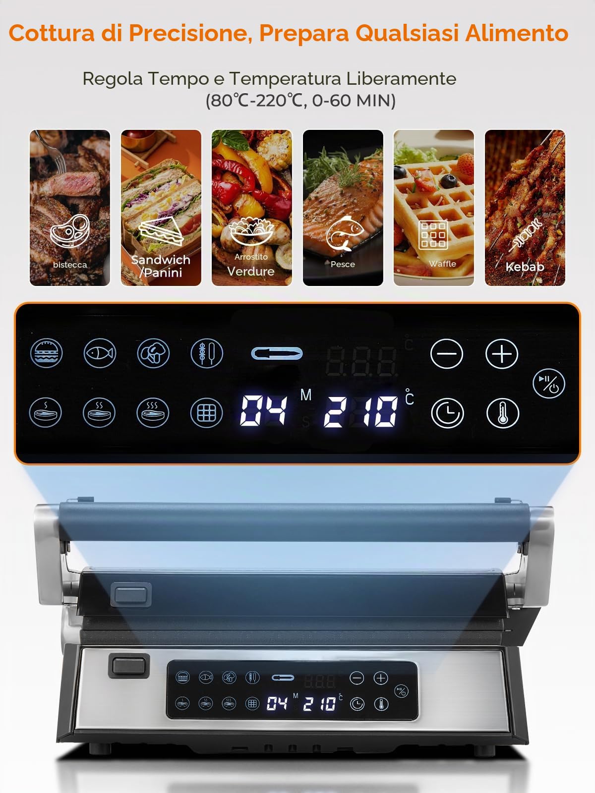 FOHERE Griglia Multifunzione, Piastra per Panini/Waffle Maker/Sandwich Maker 4 in 1, XL Piastre Antiaderenti Rimovibili 29 x 26 cm, Tempo e Temperatura Individuali, Display a LED, 2200 W
