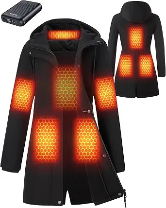 Graphene Heated Jacket for Women with 12V 18400mAh Battery Pack, Hooded Fleece Lined Windproof Waterproof Coat