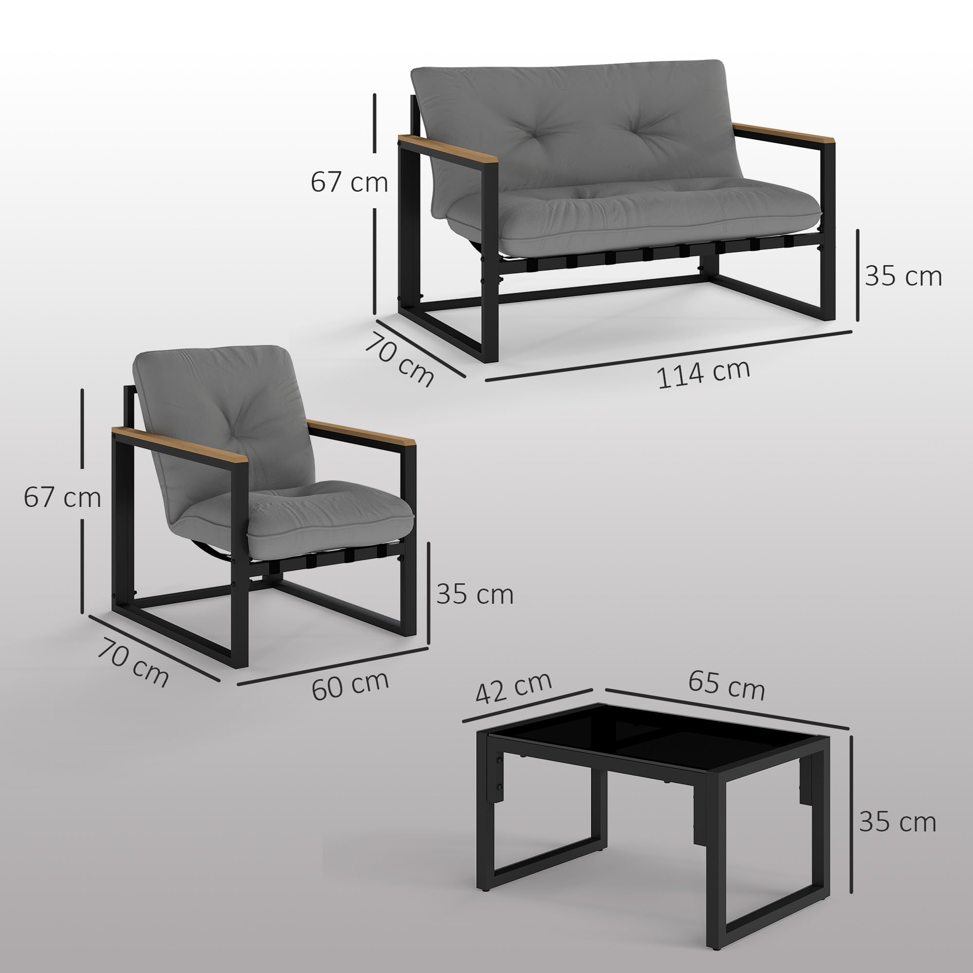 Outsunny Salon de Jardin extérieur 4 Personnes, 4 pièces avec canapé, 2 fauteuils et Table Basse en Verre trempé, Coussins Inclus, mobilier de Jardin Patio Balcon terrasse, Gris