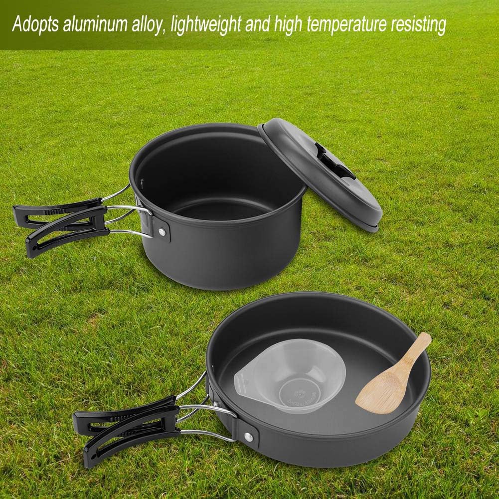8Pcs Portable Outdoor Cookware Set, Camping Picnic Cooking Pot Pan Bowl Set, Lightweight Aluminum Alloy with Foldable Handle, Includes Mesh Bag and Loofah Sponge for Hiking Backpac