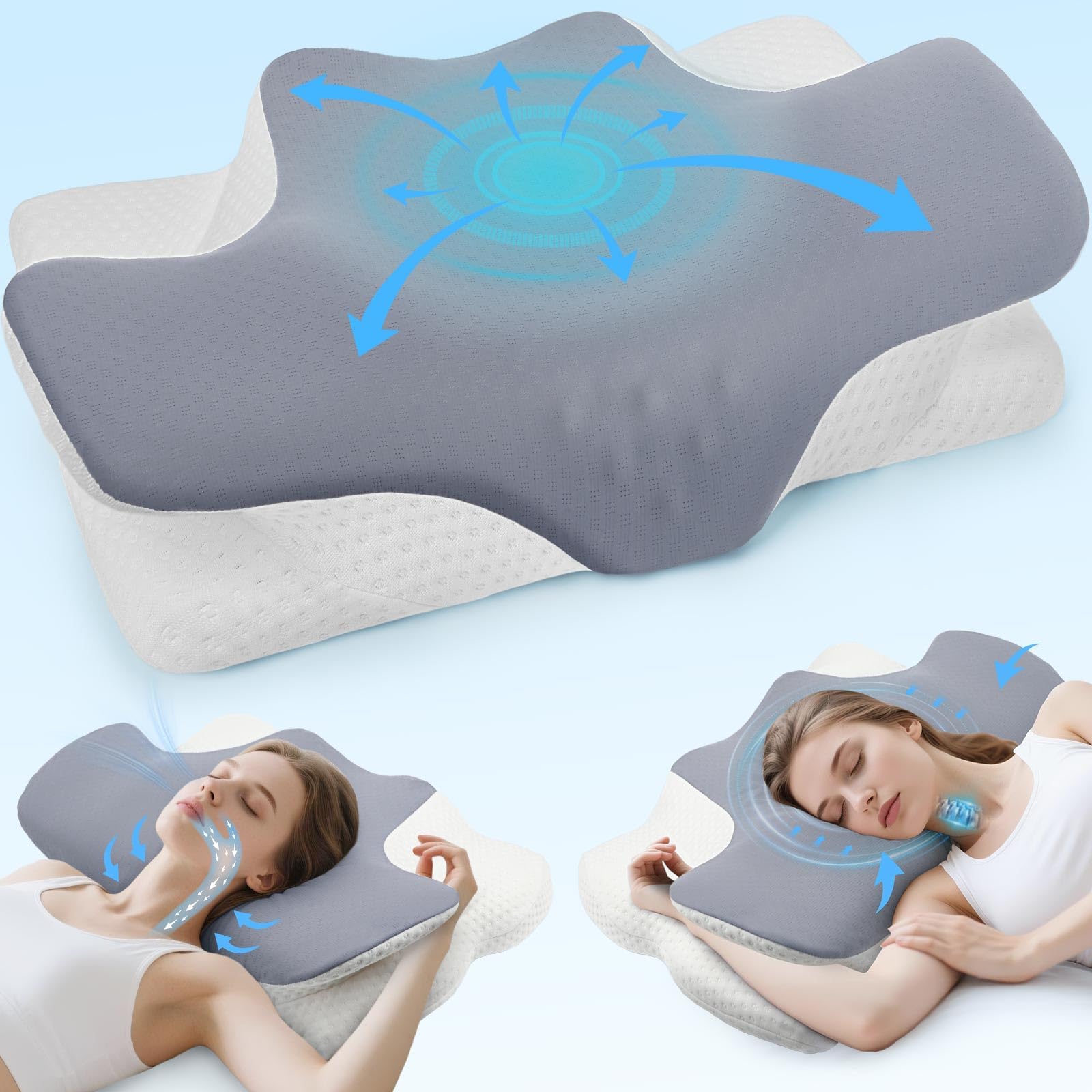 Drifina 03-Grey Orthopaedic Neck Support Pillow For Side Sleepers, Cervical Memory Foam Pillow For Neck & Shoulder Pain Relief, Dual-Height Ergonomic Bed Pillow, Cooling Washable Cover, 100-Night Trial
