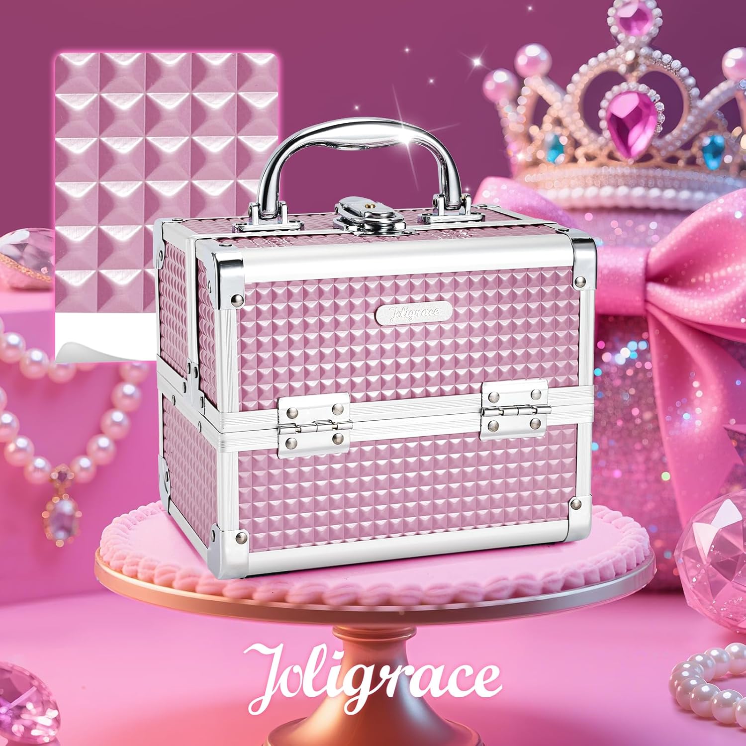 Joligrace Makeup Case Portable Makeup Box Travel Train Case Cosmetic Case Organizer with 2 trays Mirror Locking Make Up Storage Vanity Craft Nail Case Traveling Cosmetic Box for Girls Pink - Image 7