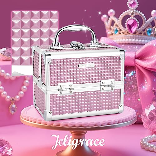 Miniatura 7 de Joligrace Estuche de maquillaje portátil para cosméticos, organizador de joyas con cerradura con llaves y espejo, bandejas de 2 niveles para