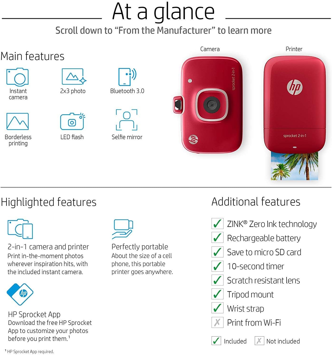 HP 2FB98A#B1H Sprocket 2-in-1 Portable Photo Printer & Instant Camera, print social media photos on 2x3" sticky-backed paper - Red (2FB98A)