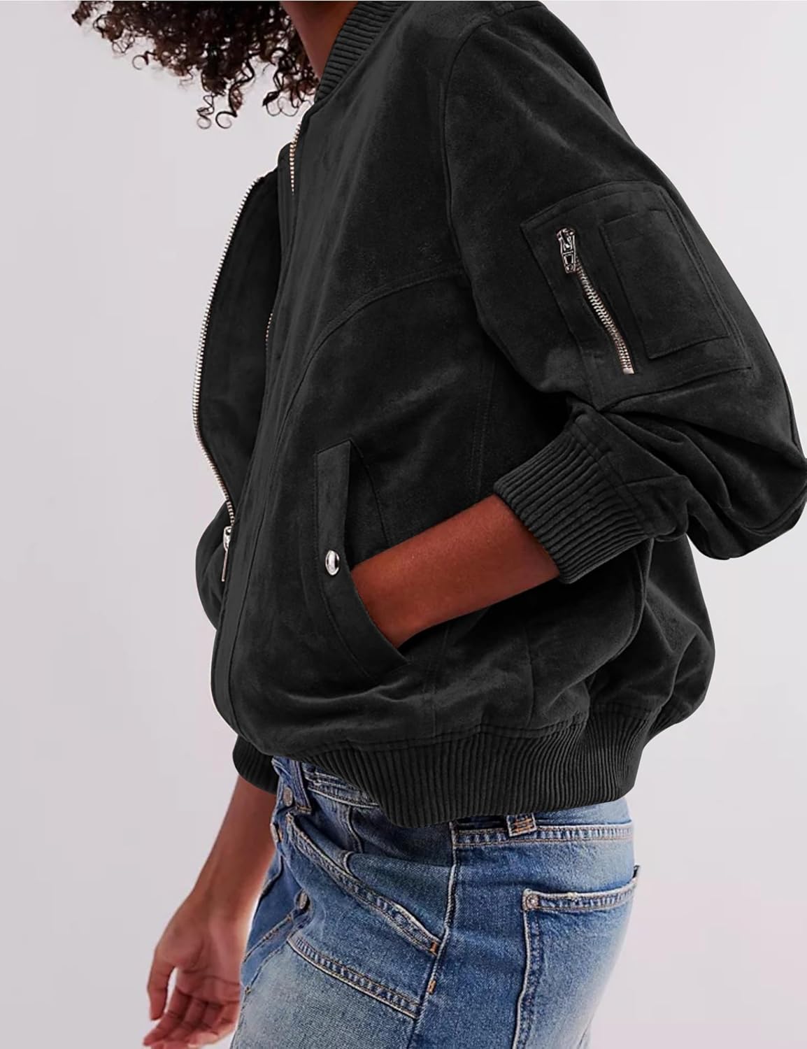 Mingzhu Womens Faux Suede Bomber Jacket Ribbed Collar Zip Up Leather Cropped Jacket Fashion Coat with Pockets