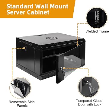 6U Wall Mount Network Server Cabinet with Glass Door, Locks, Removable Side Panels, for IT Equipment, A/V Devices, Black