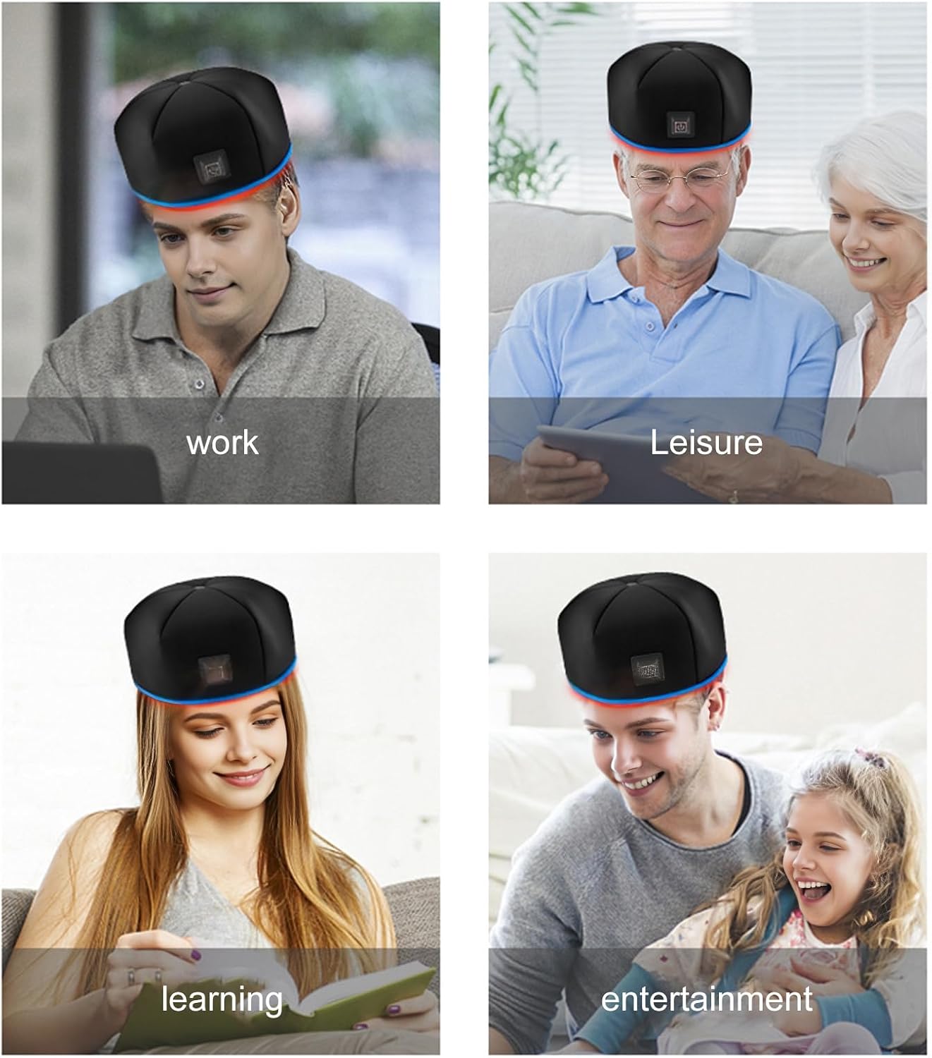 People using the Red Light Therapy Cap in various daily activities