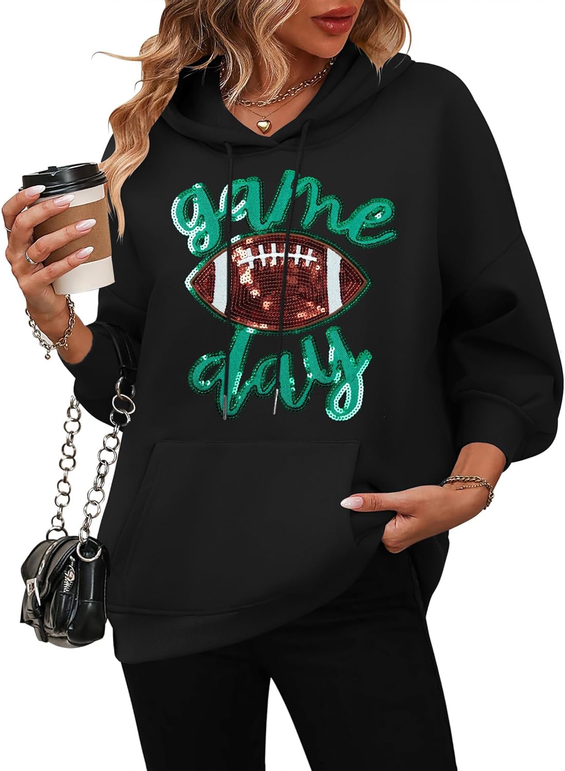 FASHGL Game Day Football Sweatshirt Women: Funny Football Graphic Hoodie Sunday Funday Pullover Hoodies Long Sleeve Tops - Image 2