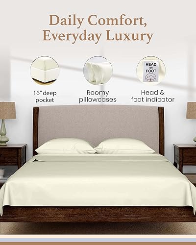 Miniatura 4 de Lujosas sábanas de 600 hilos color marfil de 72 x 75 pulgadas, 100% algodón egipcio, juego de sábanas de 4 piezas, sábanas de camping ultra suaves