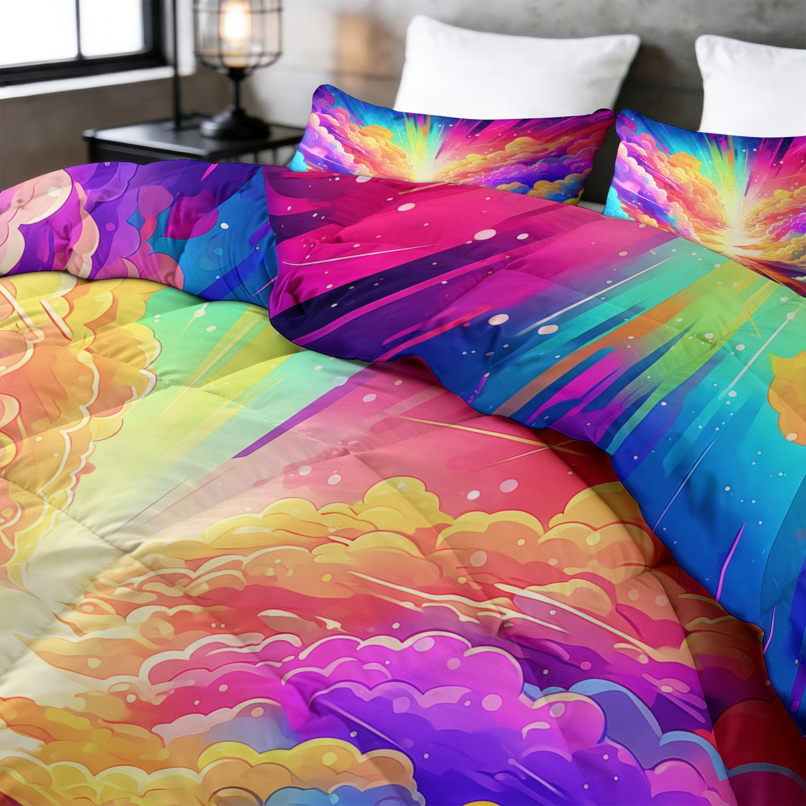 Fantazyjna kołdra Rainbow Geometryczna Chmury Przestrzeń 140 x 200 cm, Wymarzona przestrzeń Lekka kołdra na łóżko - opalizujący kolor miękki koc 4 pory roku, można prać kołdra dla dziewczynek chłopców