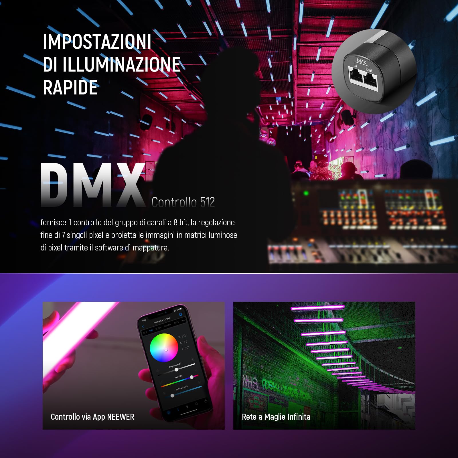 NEEWER TL60 Luce Tubo RGB, Barra Luminosa per Video a LED RGBWW a Colori Completi da 20W per Foto Studio Riprese Streaming, Controllo APP/2.4G/DMX, 7 Effetti Pixel 18 Scene, 2500-10000K CRI97+ TLCI98+