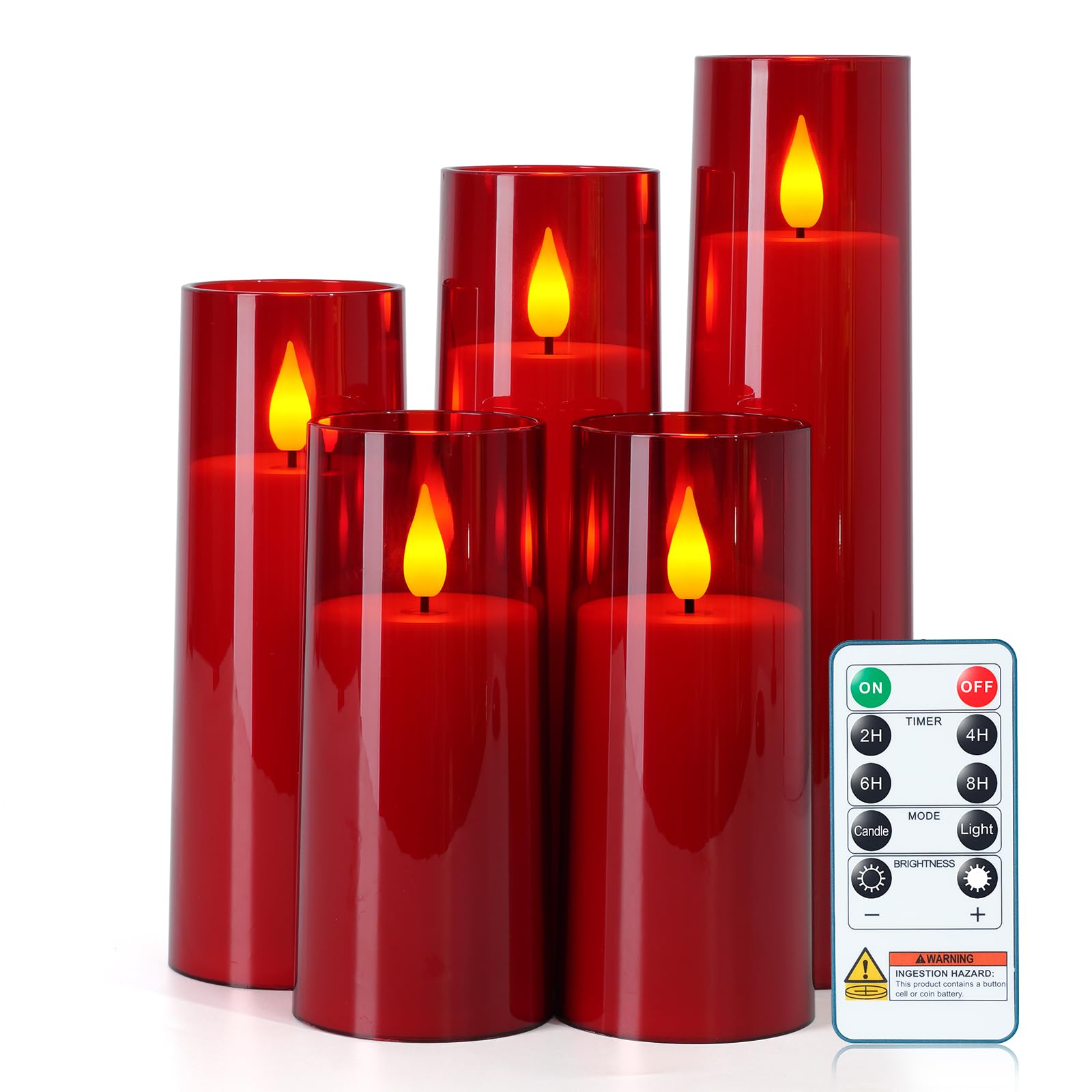 Homemory LED Pillar Candles Battery Operated Remote Control Red 5 Pack