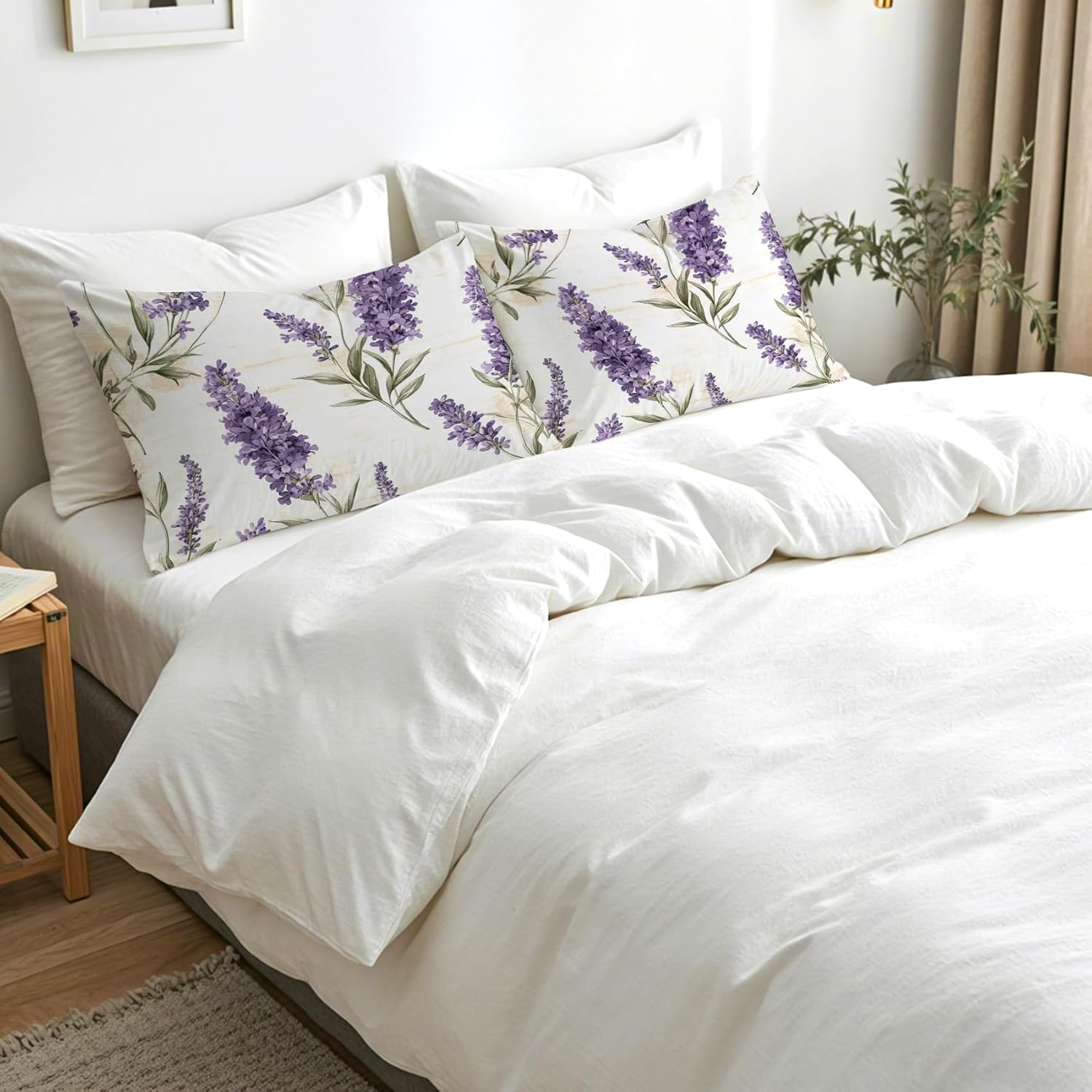 Lavender Floral Pillow Cases King Size Set of 2 - Soft Breathable Microfiber Pillowcases with Envelope Closure, Spring Flower Botanical Patterned Pillow Covers, Lavender Decor