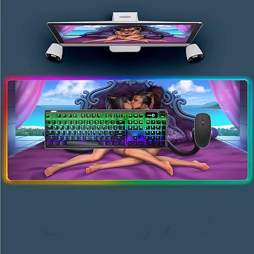 Mouse Pads Sexy Anime Girl RGB Gaming Mausepad Keyboard Pad Led Seven Colors Mause Pad Expansion Pad Backlit Pad XXL Desk Mat 27.55 inch x12 inch