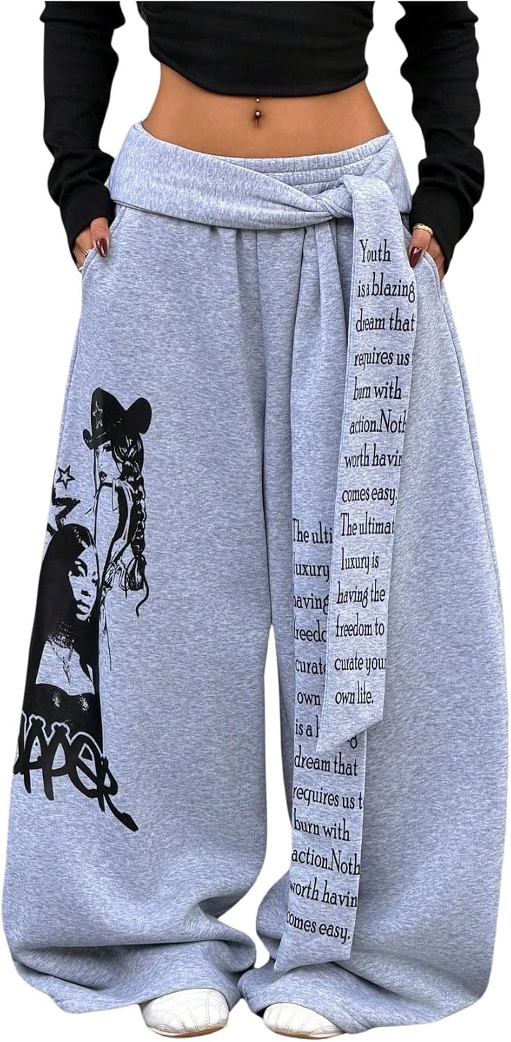 SOLY HUX Women's Y2k Letter Graphic Wide Leg Sweatpants Tie Front Elastic Waist Baggy Pants with Pockets Streetwear