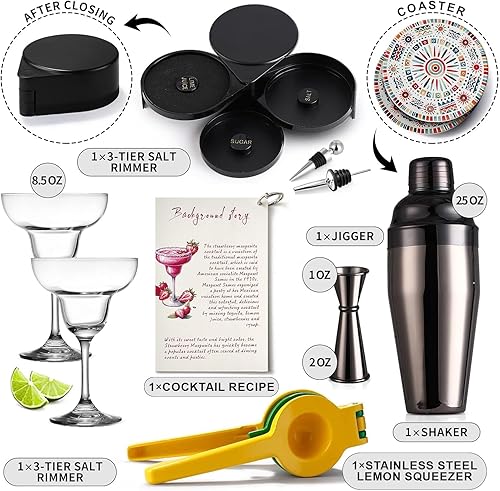Miniatura 2 de Kit Margarita – Juego de 2 vasos de margarita (8.5 onzas), 3 niveles de sal de 3 niveles, coctelera y jigger de acero inoxidable, posavasos,