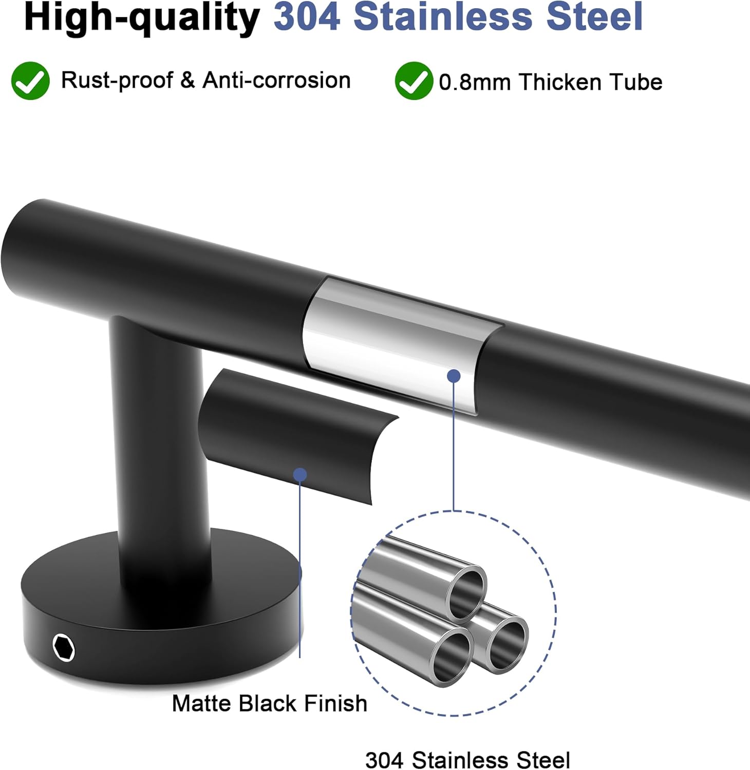 Matte Black Towel Bar, 18 Inch Towel Racks for Bathroom Wall Mounted, SUS304 Stainless Steel Bathroom Towel Holder, Total Length 20.4 Inch Towel Bars - Image 2