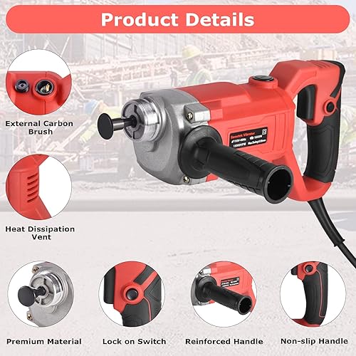 Miniatura 5 de Seeutek Vibrador de hormigón de mano de 1600 W vibradores de hormigón con varilla de eje de 6.6 pies, vibrador de hormigón eléctrico de 15000 VPM,