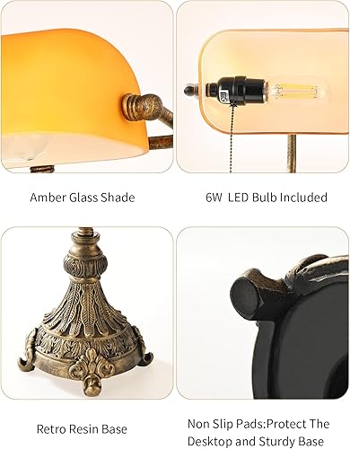 Miniatura 6 de Newrays Lámpara de escritorio vintage de cristal ámbar para oficina en casa, biblioteca con interruptor de cadena de tracción, bombilla LED incluida