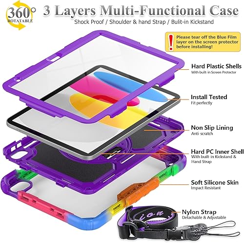 Miniatura 5 de SEYMAC Stock Funda para iPad de 10. generación con protector de pantalla, protección de cuerpo completo de 10.9 pulgadas, soporte giratorio, correa