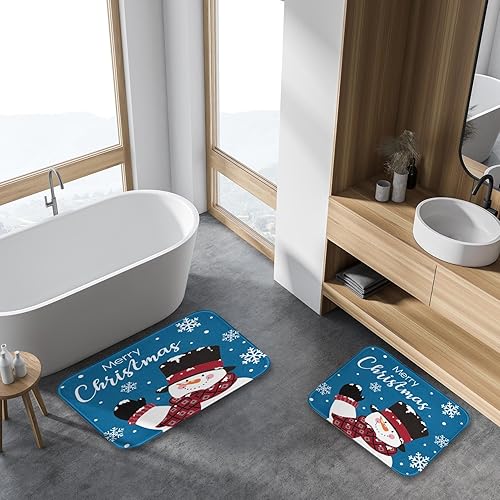 Miniatura 7 de Arttown Juego de 2 tapetes de baño de Navidad, lindos copos de nieve y copos de nieve sobre fondo azul, cubierta lavable, alfombra de piso, alfombra
