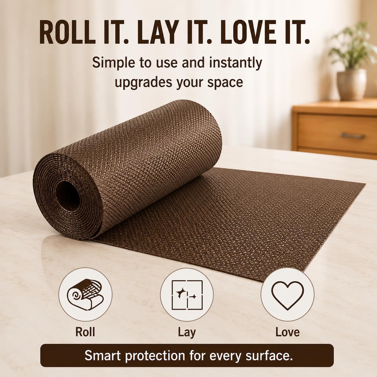 LAXIS® Shelf Liners for Kitchen Shelves | Non Slip EVA Cabinet Liner | Shelf Covers for Shelves | Waterproof Fridge Mat Roll | 45cm x 5m | Brown 4
