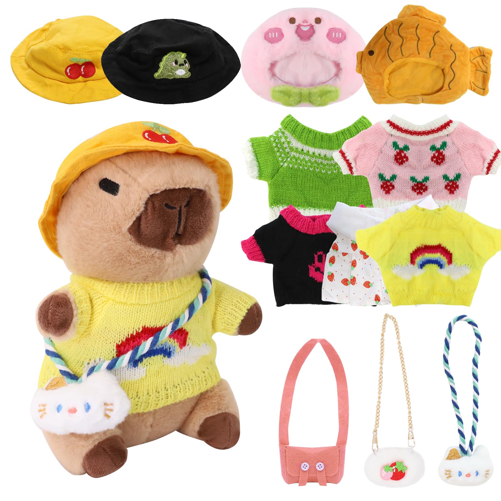 Capybara Peluche Set,23cm Peluche Capybara Bambola,simpatici peluche Capibara,peluche per bambini con vestiti e accessori,per la casa a forma di animale di peluche per il soggiorno (NEW 13PCS)