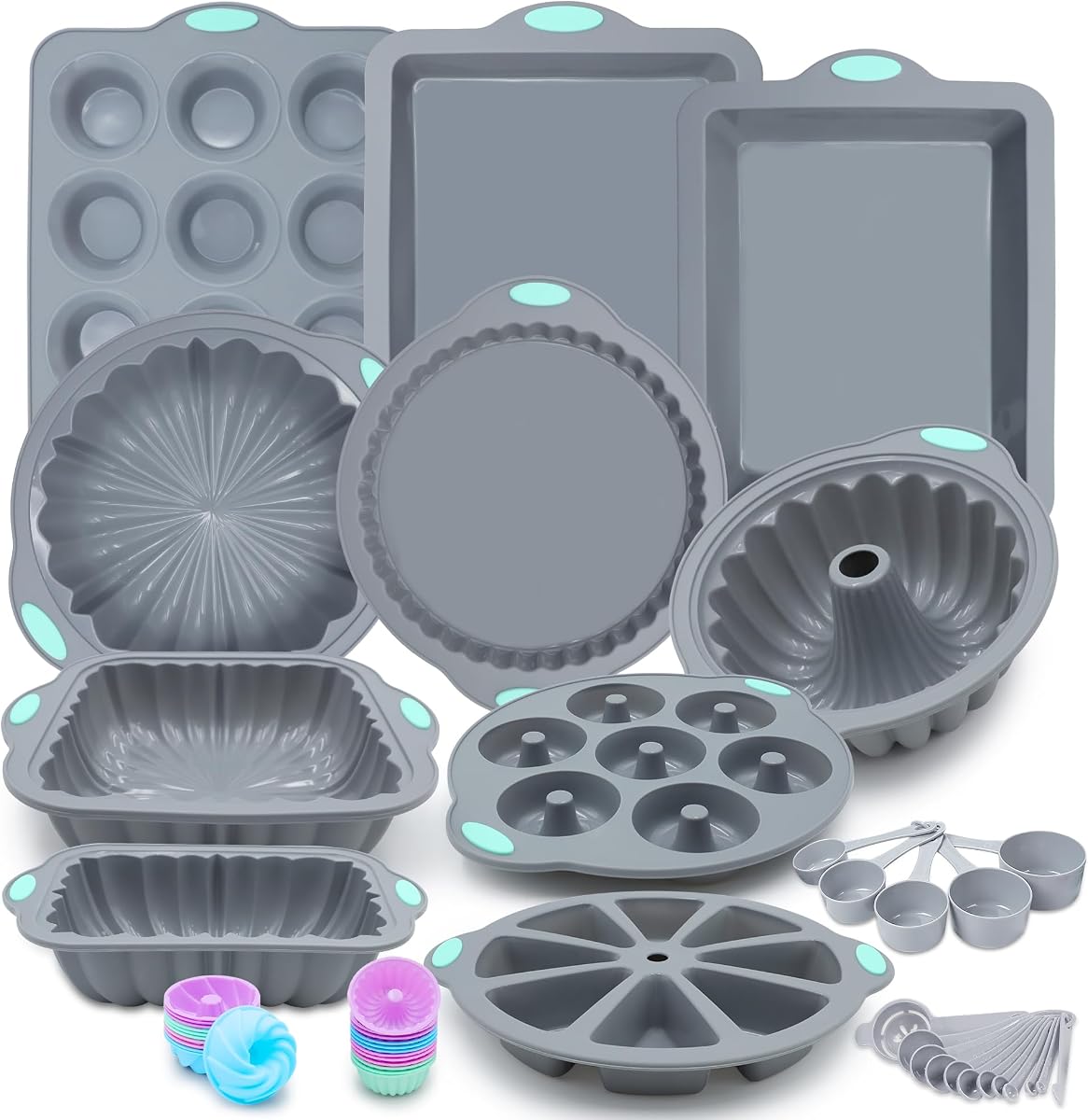 51 Piece Silicone Baking Pan Set, Non-Stick Bakeware Set with Baking Pans, Reusable Donut Mold, Food-Grade Silicone Molds for Cakes, Cookies, Muffins, Bread, Light Grey