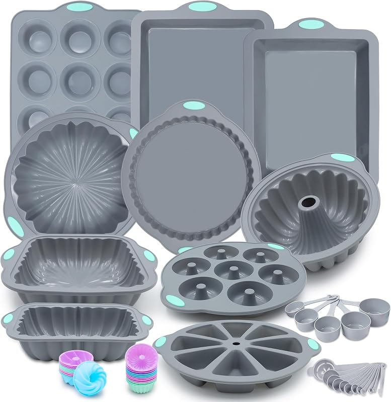 51 Piece Silicone Baking Pan Set, Non-Stick Bakeware Set with Baking Pans, Reusable Donut Mold, Food-Grade Silicone Molds for Cakes, Cookies, Muffins, Bread, Light Grey