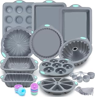 51 Piece Silicone Baking Pan Set, Non-Stick Bakeware Set with Baking Pans, Reusable Donut Mold, Food-Grade Silicone Molds for Cakes, Cookies, Muffins, Bread, Light Grey