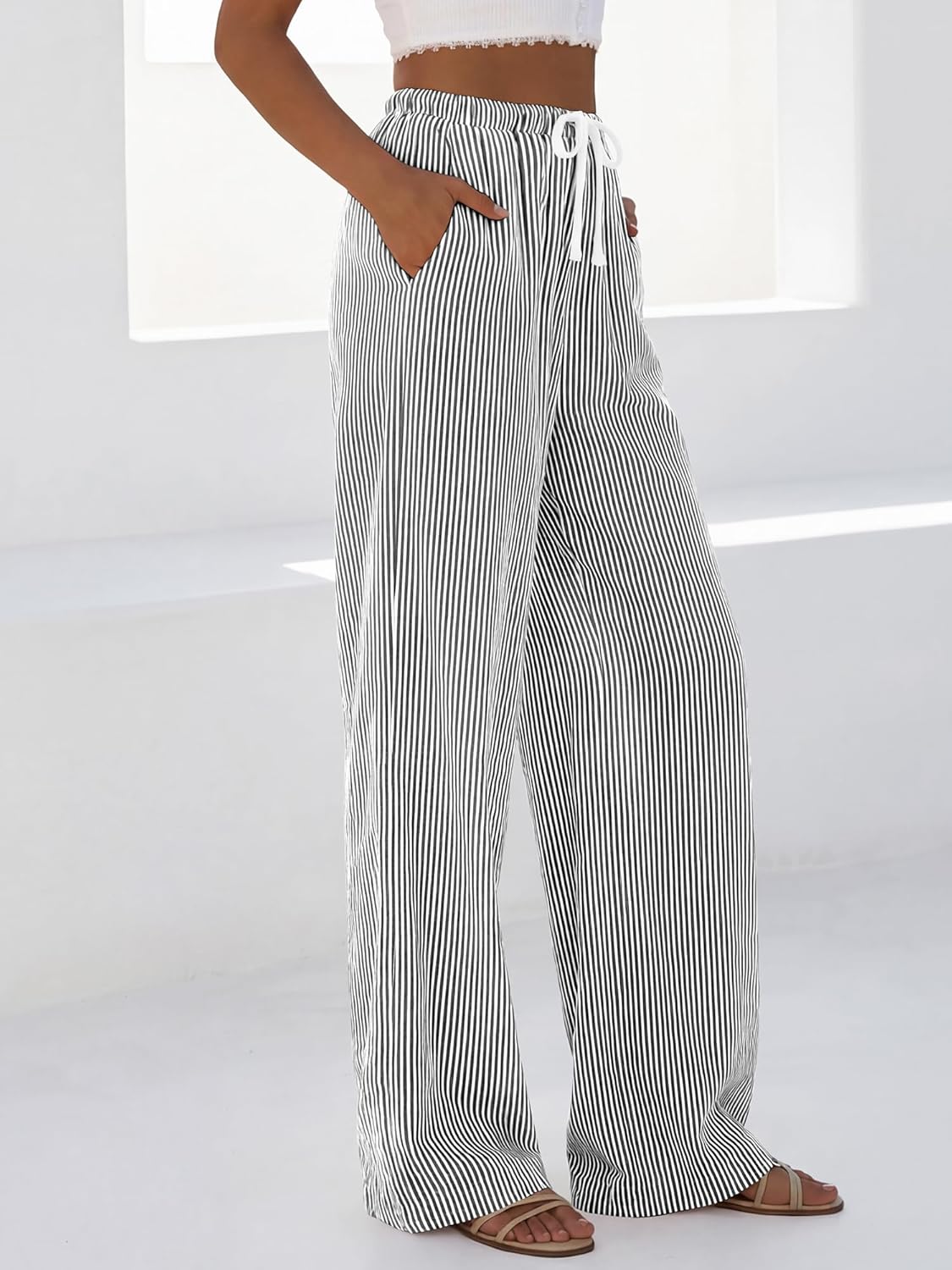 BTFBM Striped Wide Leg Pants for Women Spring Summer 2026 Drawstring Lounge PJ Beach Bottoms Casual Trousers Pockets - Image 6