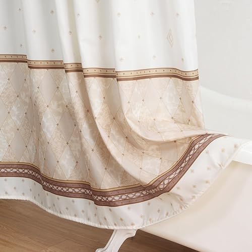 Vista 88 de Cortina de ducha de tela, estampado beige y tostado, cortinas de ducha con patrón de damasco bohemio de cachemira para baño, cortinas de baño Hudson
