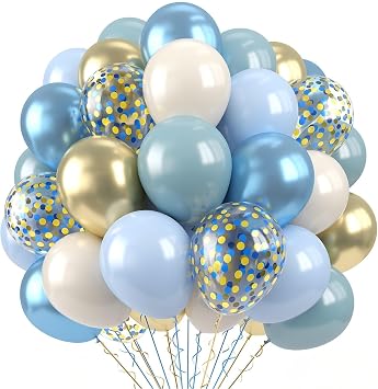 Paready Blue Balloons Set, 60Pcs Blue and Gold Balloon, 12 Inch Confetti Baby Blue Gold Metallic Balloon Champagne Gold Sand White Balloons for Boys Birthday Boho Wedding Graduation Supply